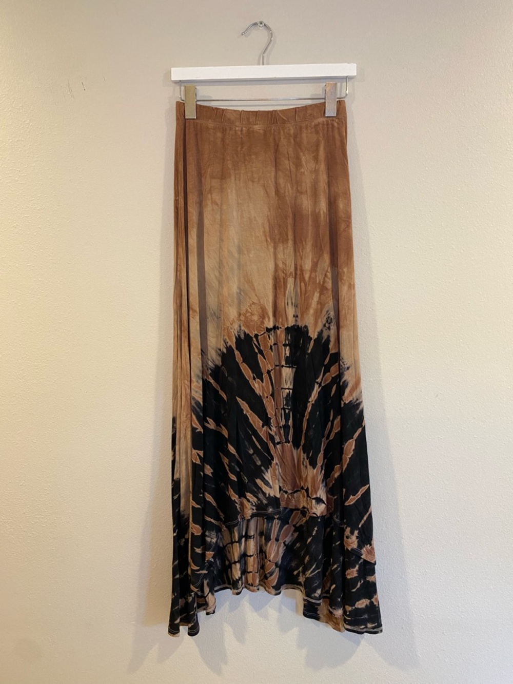 Go Couture Tie Dye High-Low Maxi Skirt Size Large Modal Spandex Brown Black